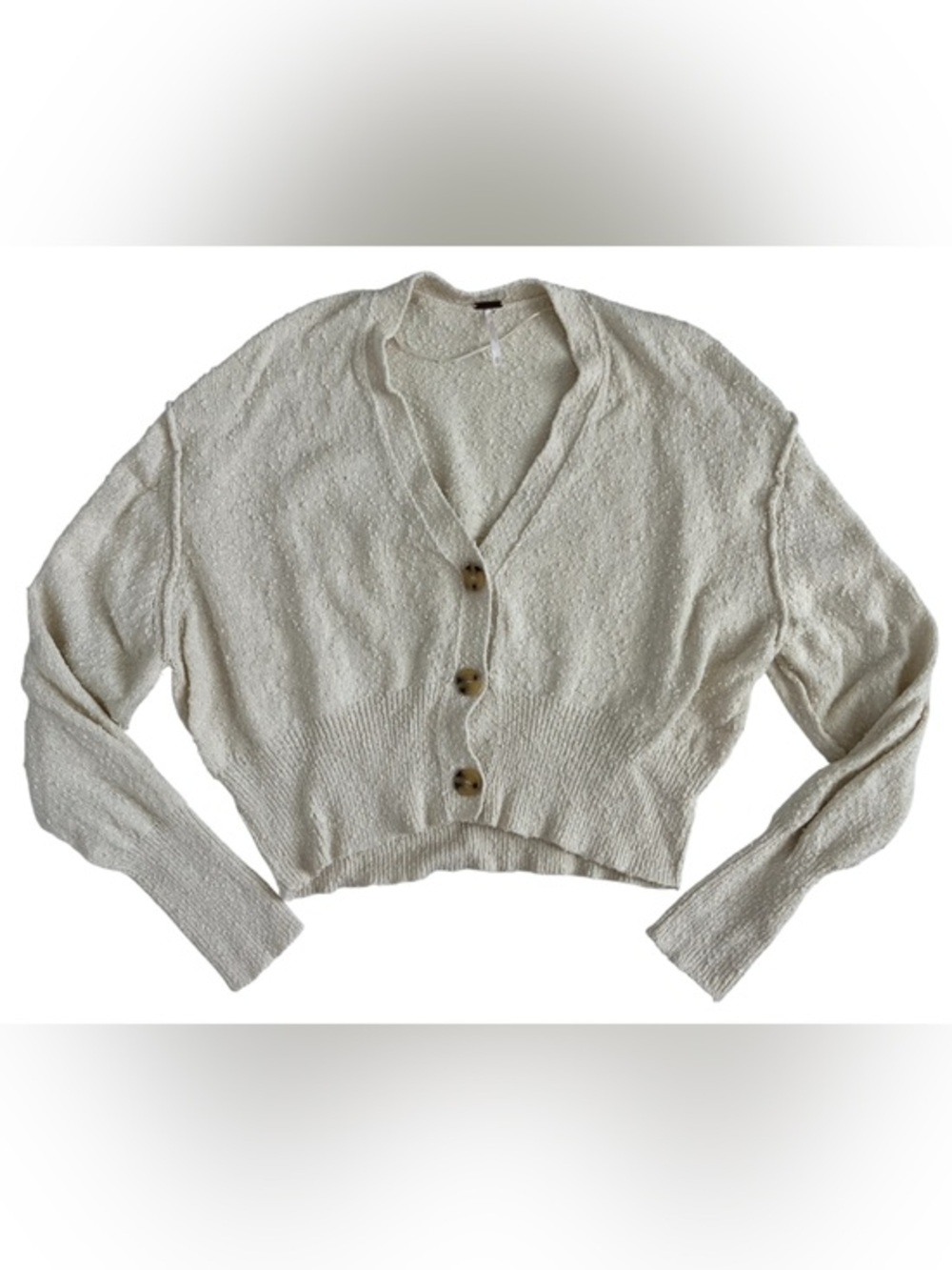 Free People Cream Cropped V-Neck Button Cardigan